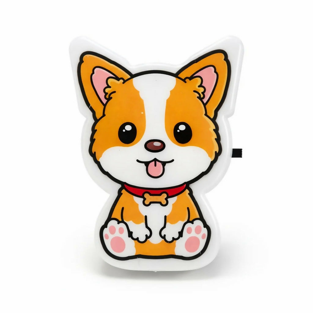 Front view of cute dog night light plugged into wall socket