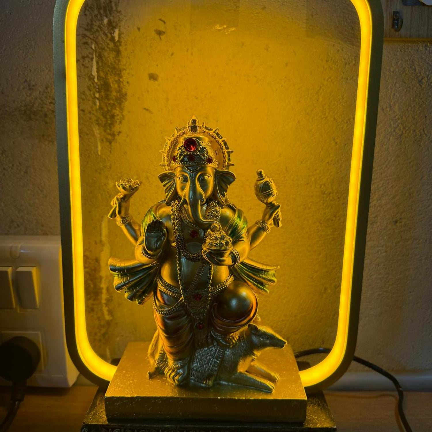 Premium Golden Ganesh Idol LED Night Lamp with Rectangular Frame | Decorative Lord Ganesha Statue with LED Light | Spiritual Home Decor Showpiece for Pooja Room, Office Desk, Living Room & Gift Purpose