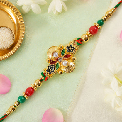 Multicolor Floral Kundan Pendant Rakhi with Red and Green Beads