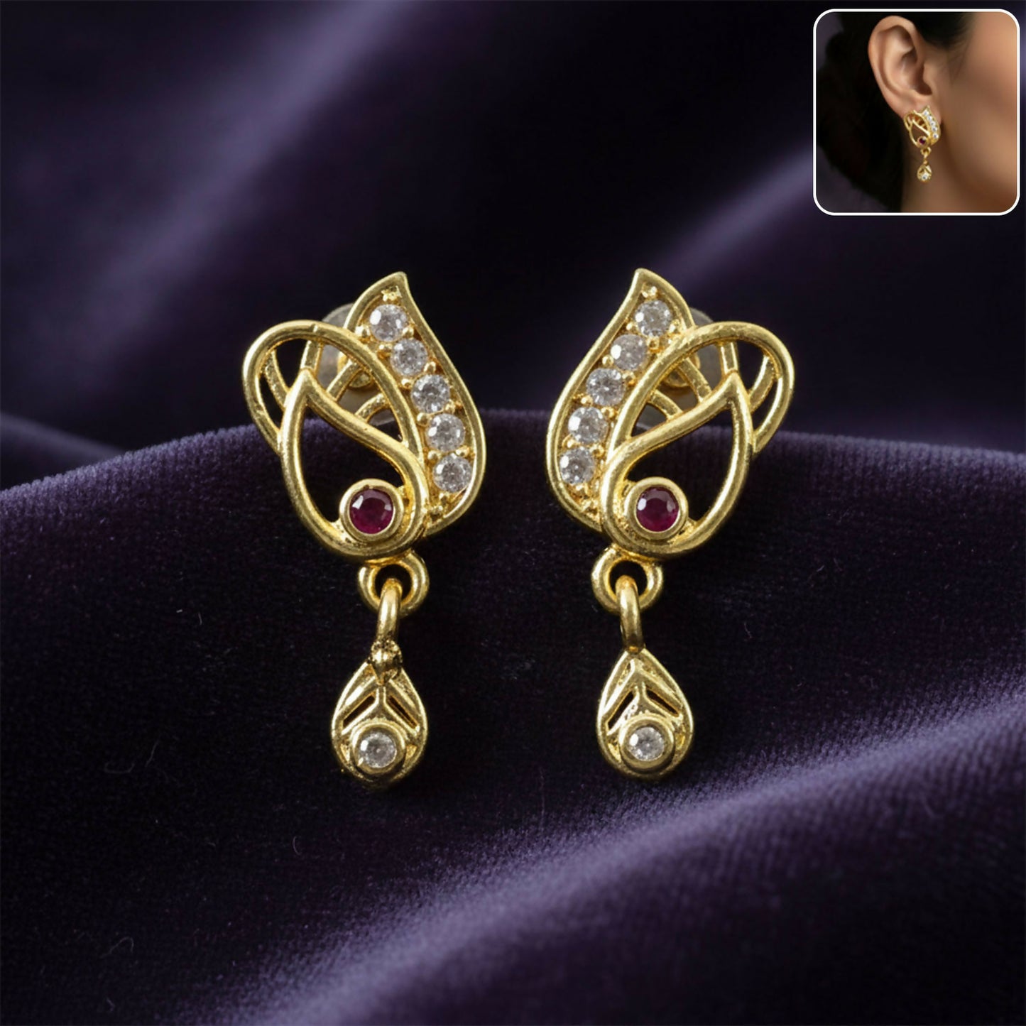 Elegant Gold Plated Stud Earrings with Ruby Accent & Drop Design