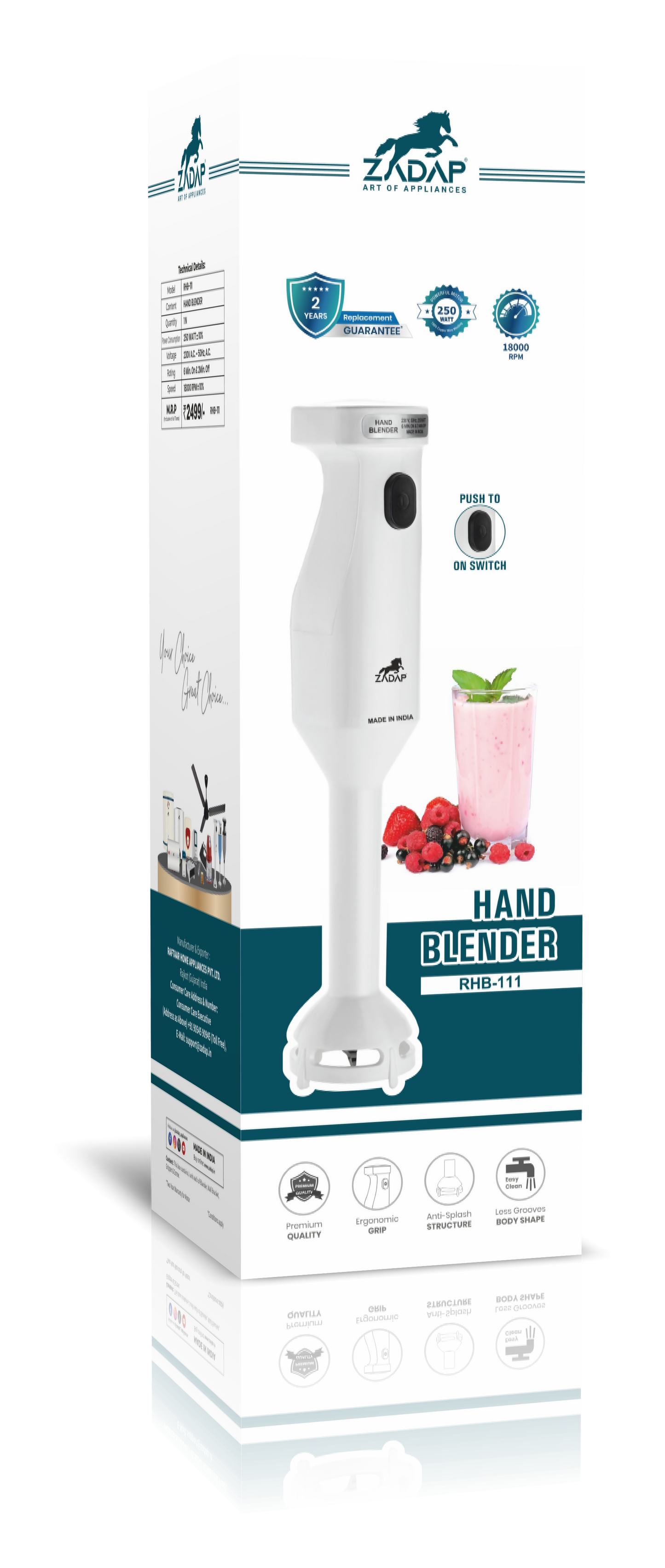 ZADAP RHB-111 hand blender metal shaft and push button switch