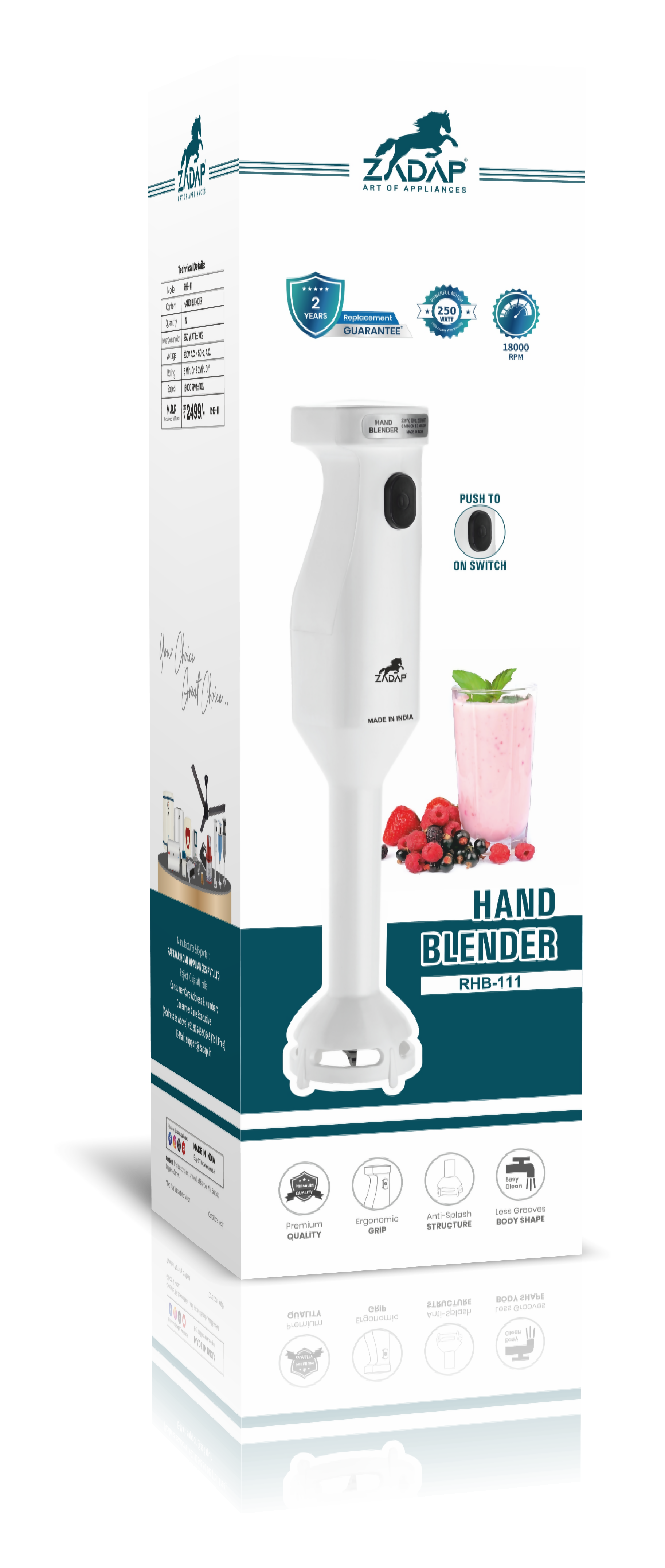 ZADAP RHB-111 hand blender metal shaft and push button switch
