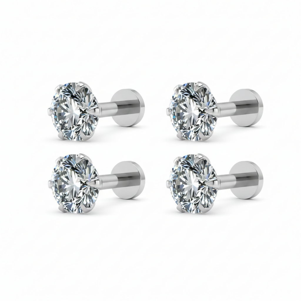 Close-up of silver plated cubic zirconia solitaire stud earring with secure push pin