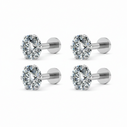 Close-up of silver plated cubic zirconia solitaire stud earring with secure push pin