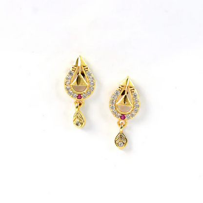 Premium Teardrop Gold Earrings with Cutwork Design & Hanging Stone