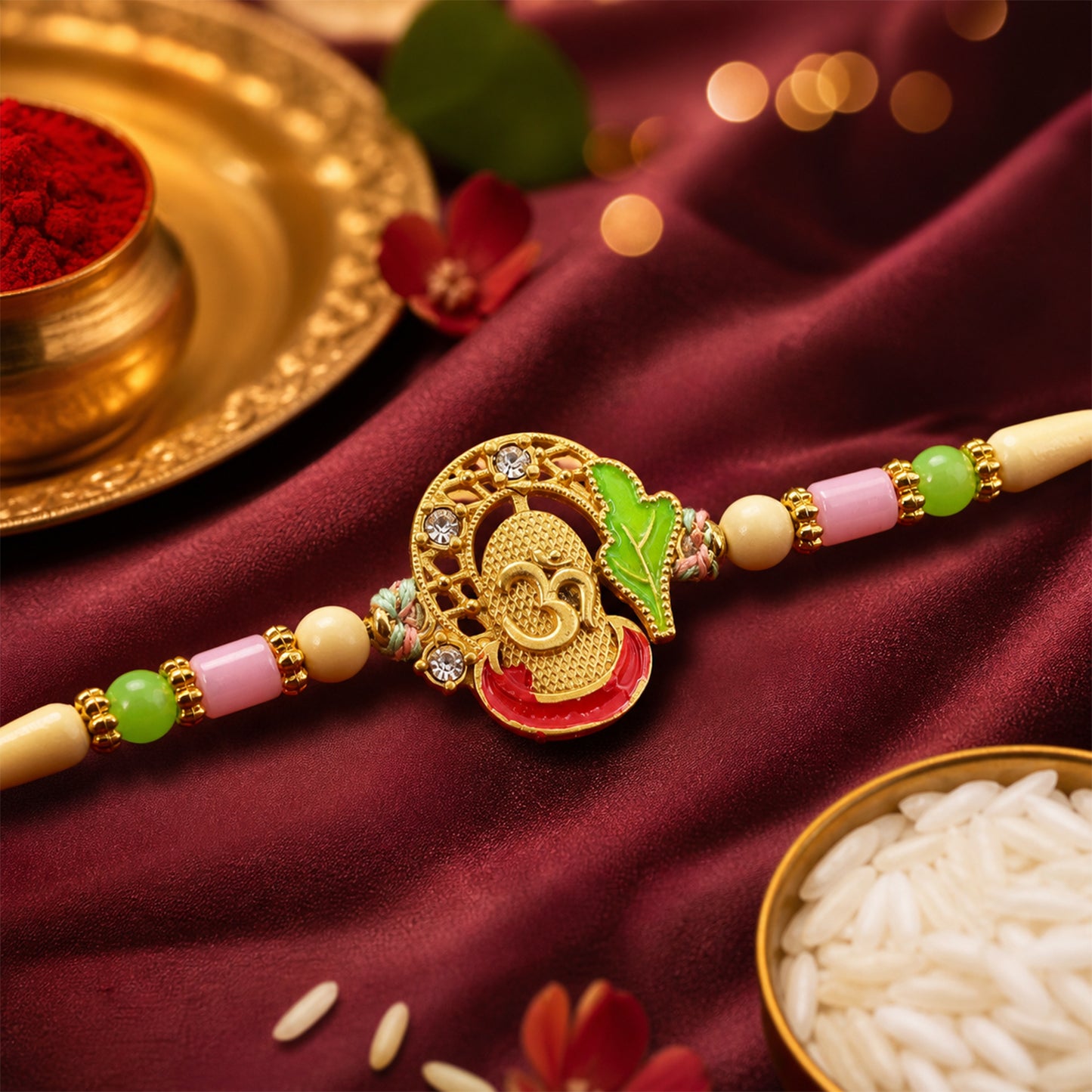Textured Gold Om Pendant Rakhi with Leaf Accent and Pearl Beads