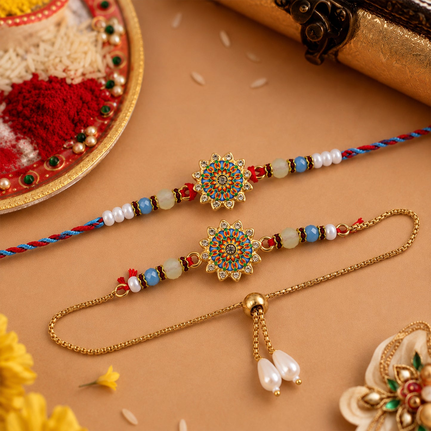 Round Floral Kundan Bhai Bhabhi Lumba Rakhi with Pearl Drop Charm