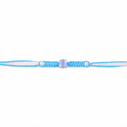 Blue Square Stone Macrame Rakhi with Pearl Beads, Silver Accents and Soft Thread