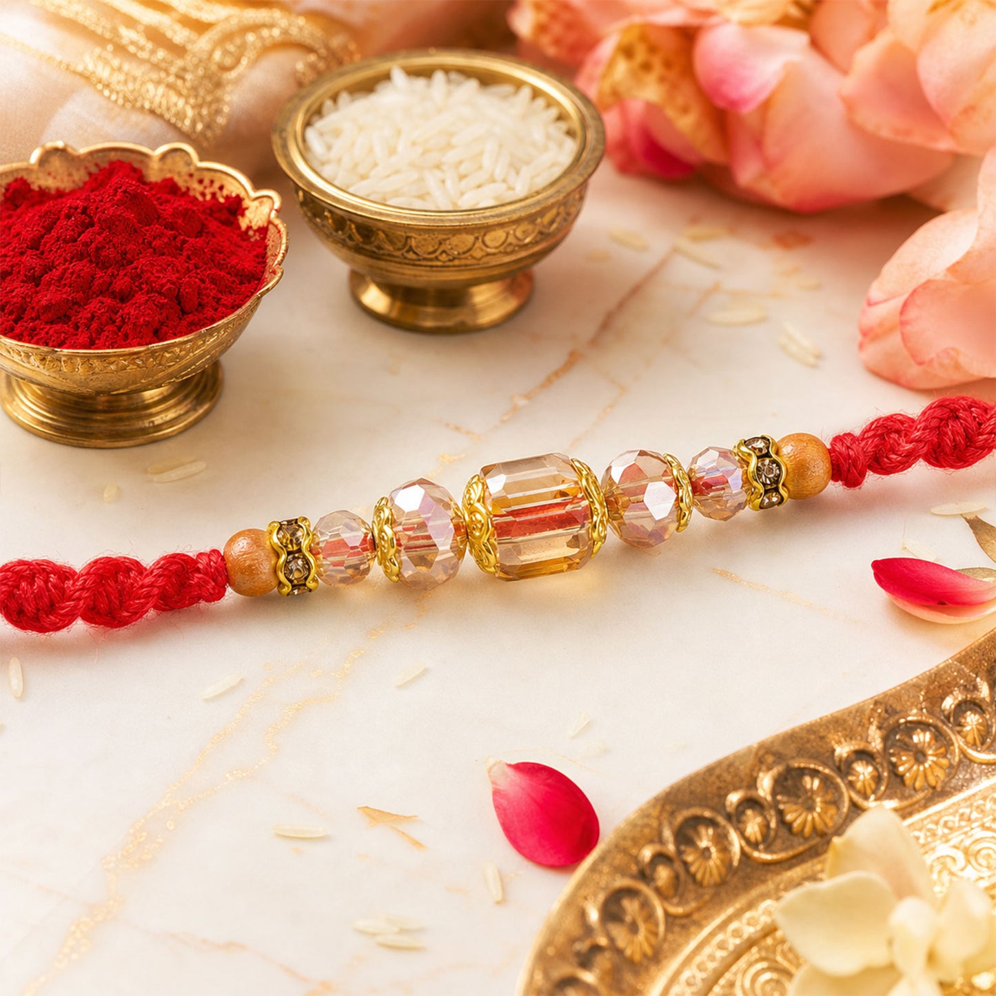 Red Thread Rakhi with Champagne Crystal Beads and Golden Accents