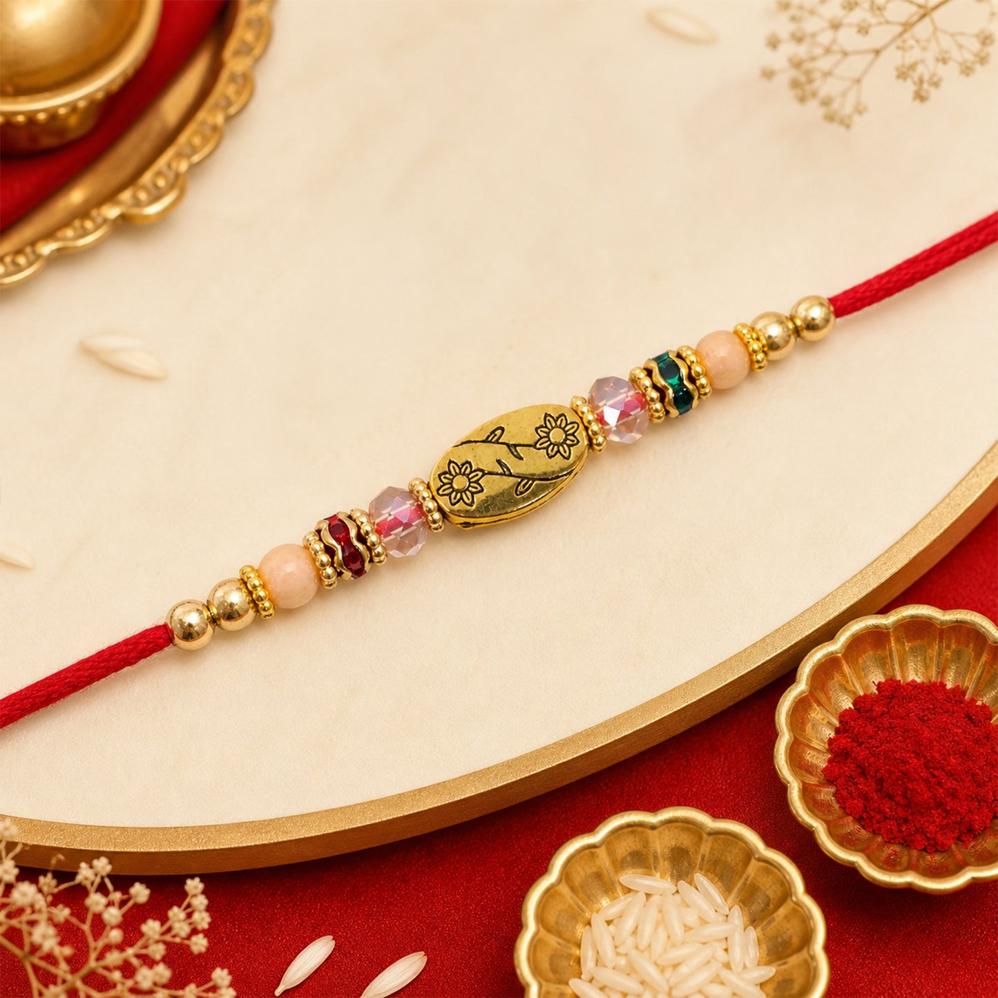 Red Thread Rakhi with Multicolour Beads and Gold Oval Floral Charm