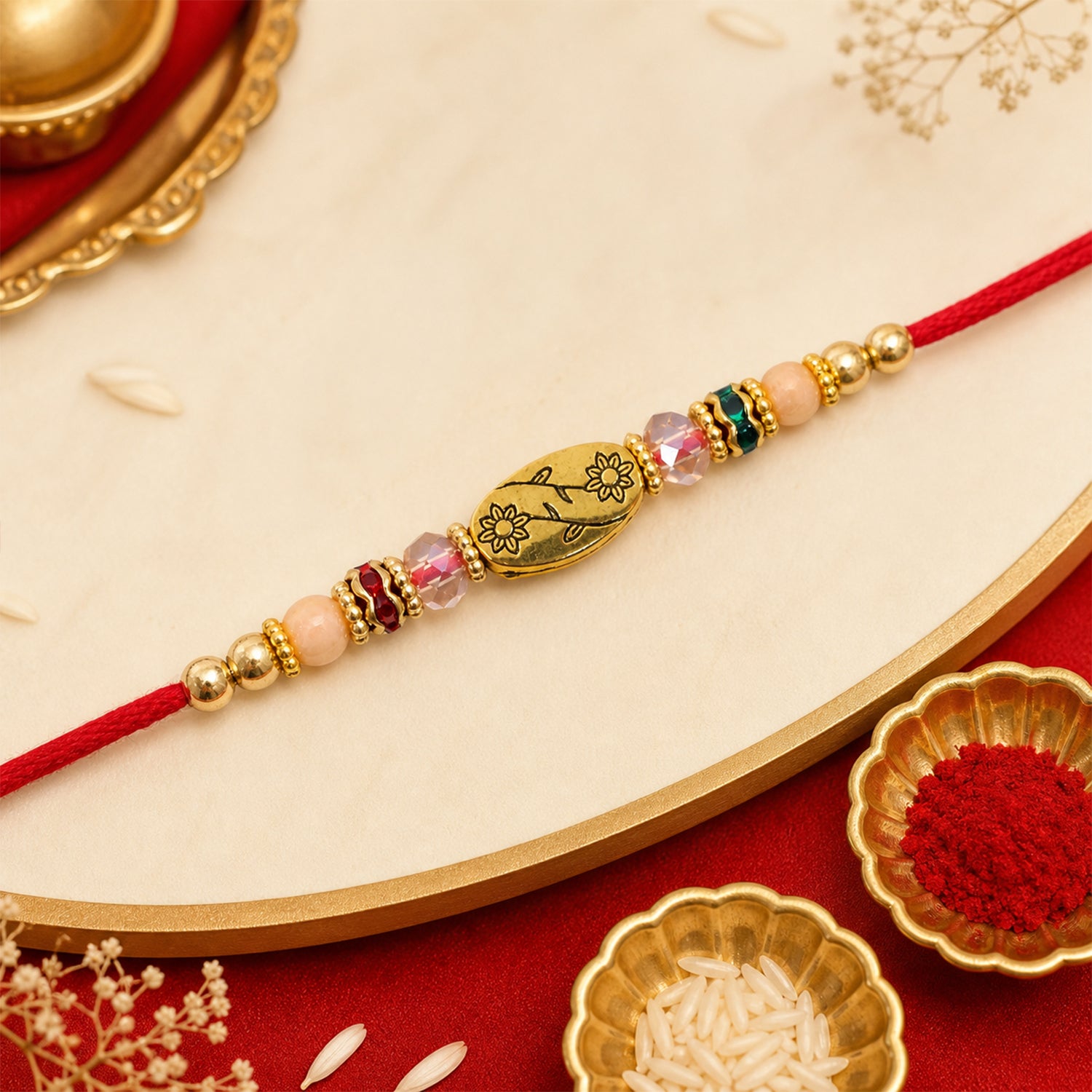 Red Thread Rakhi with Multicolour Beads and Gold Oval Floral Charm