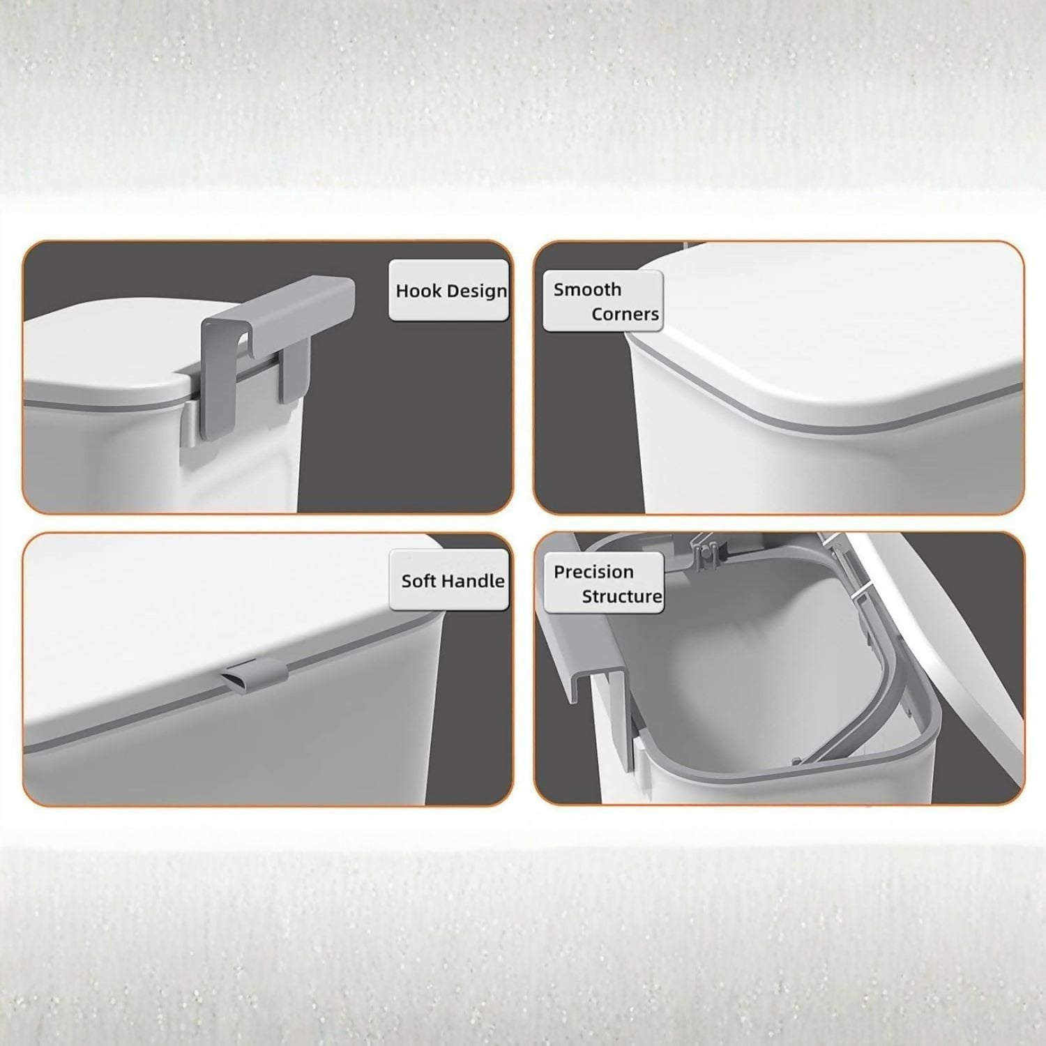 Four close-up views highlight features of the white dustbin: hook design, smooth corners, soft handle, and precision
