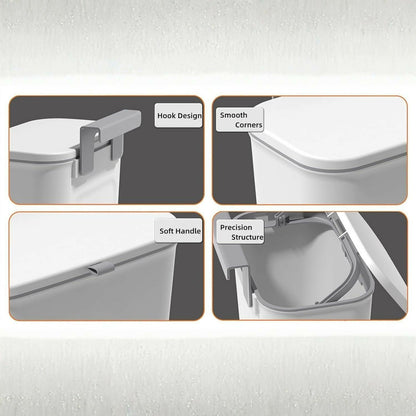 Four close-up views highlight features of the white dustbin: hook design, smooth corners, soft handle, and precision