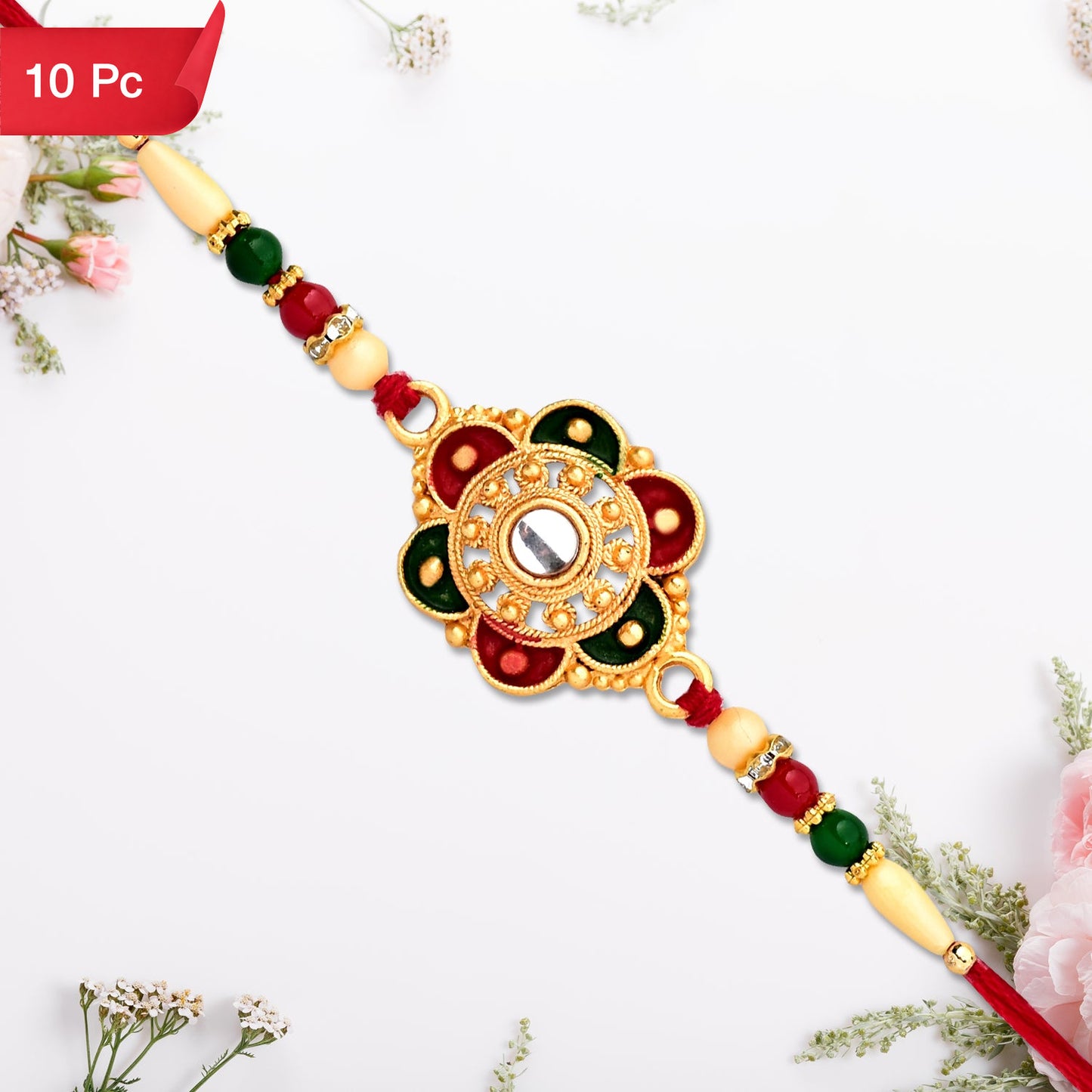 Designer Flower Motif Kundan Rakhi with Beads Rakhi for Brother (10pcs)