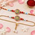Round Meenakari Mosaic Bhai Bhabhi Lumba Rakhi with Pearl Drops
