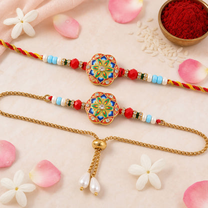 Round Meenakari Mosaic Bhai Bhabhi Lumba Rakhi with Pearl Drops