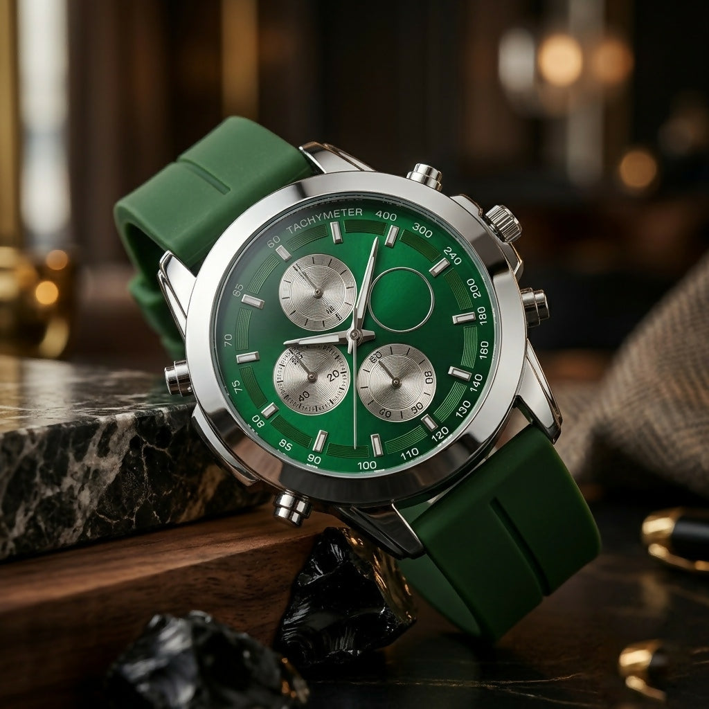 A green and silver watch with a rubber strap, angled on a dark stone surface with black decorative rocks.