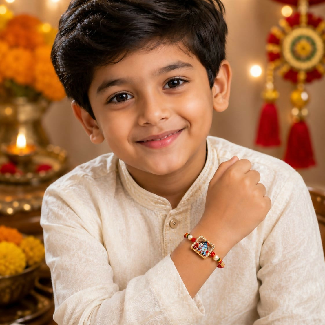 A smiling young boy in a cream kurta wears a red thread bracelet with a Radha Krishna charm on his right wrist.