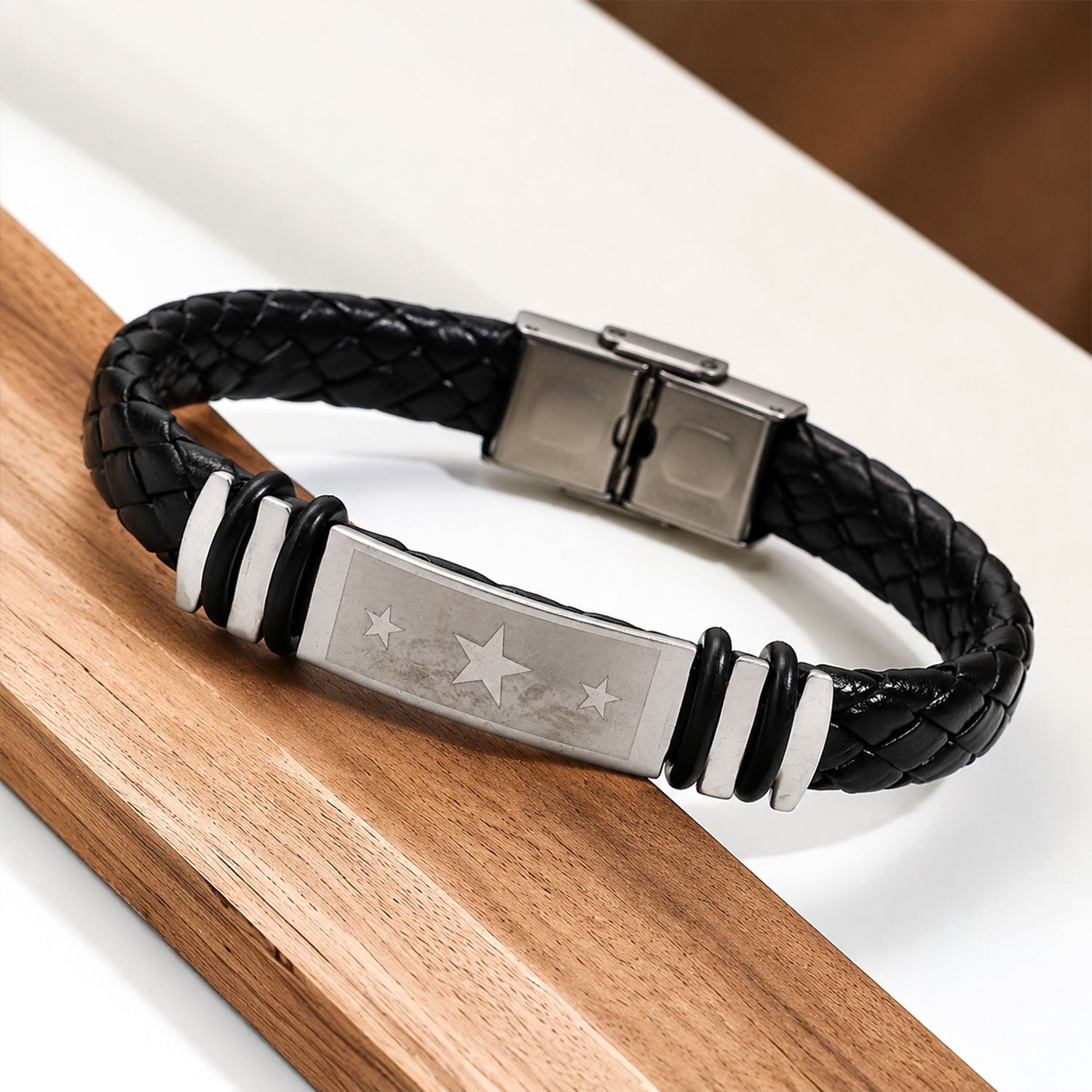Silver Star Bracelet Rakhi with Black Braided Band and Star Plate for Raksha Bandhan