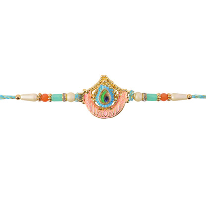 Peacock Feather Crown Pendant Rakhi with Pink Enamel