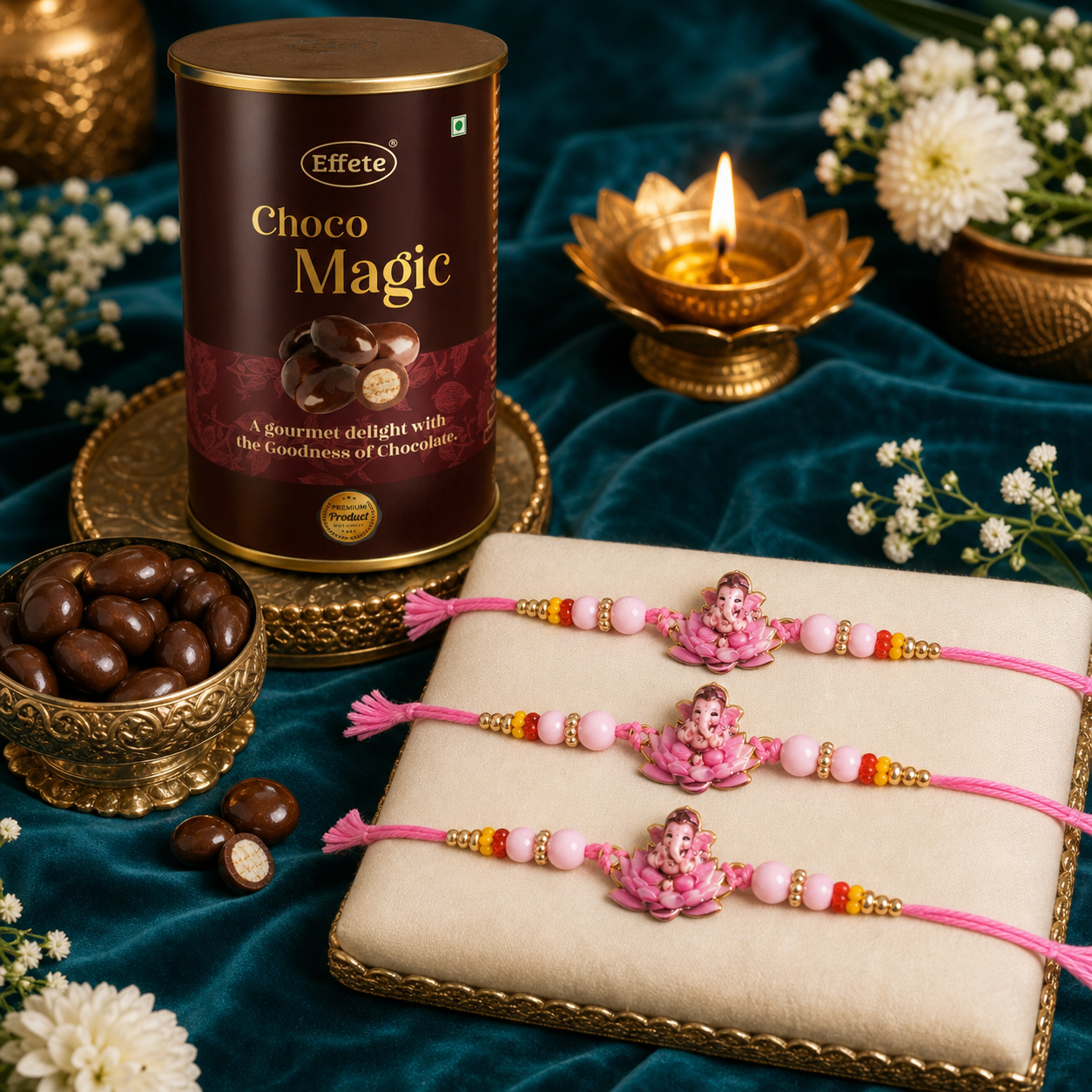 Pink Ganesha Beaded Rakhi with Choco Magic, Pack of 3
