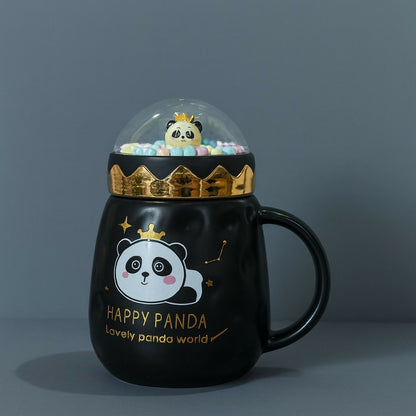 Happy Panda Ceramic Mug with Dome Lid & Golden Crown | Cute Gift for Kids & Girls