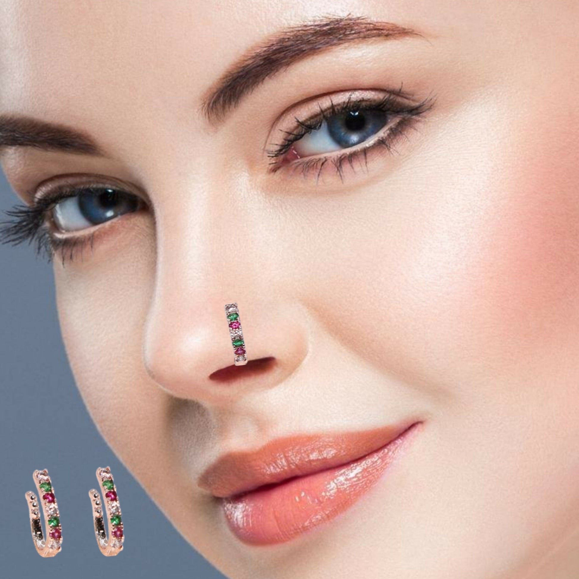 Elegant clip-on nosepin for women featuring vibrant multicolor stones in vertical design