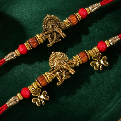 Flute Peacock Feather Rakhi Set with Wooden Beads for Festive Couple Gift Giving