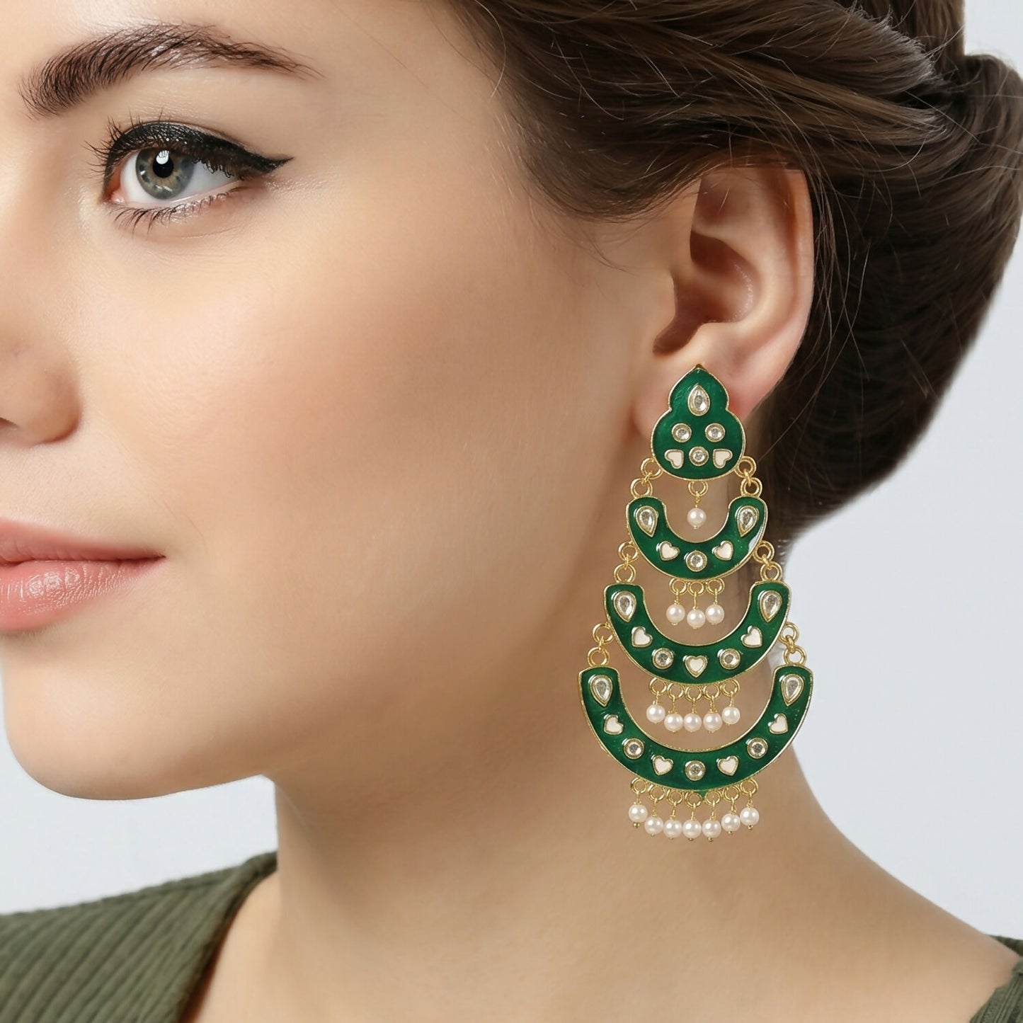 Detailed shot of pearl bead drops on chandbali earrings