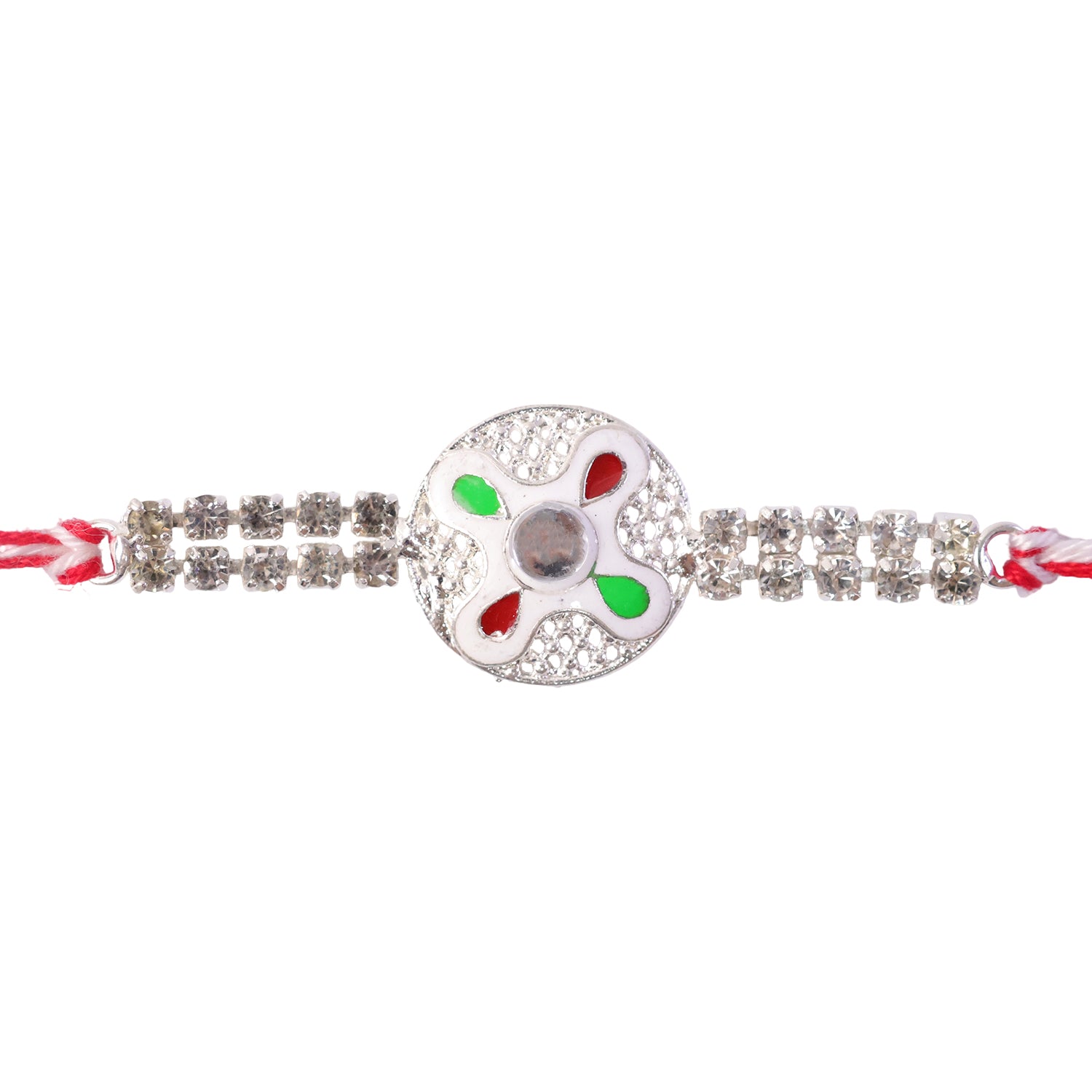 Festive Rakhi featuring Floral Circle Charm, pearl accents and chain look for Gifting