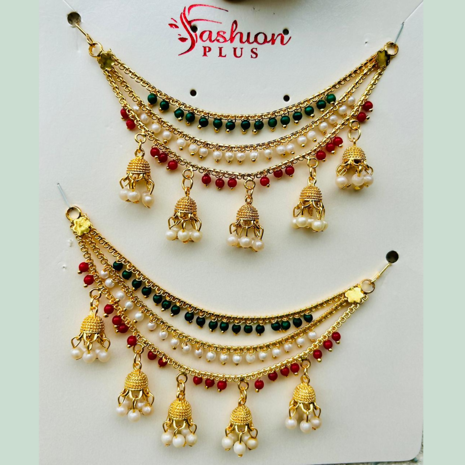Traditional Gold Finish Tricolor Pearl Jhumki Designer Kanchain for Women