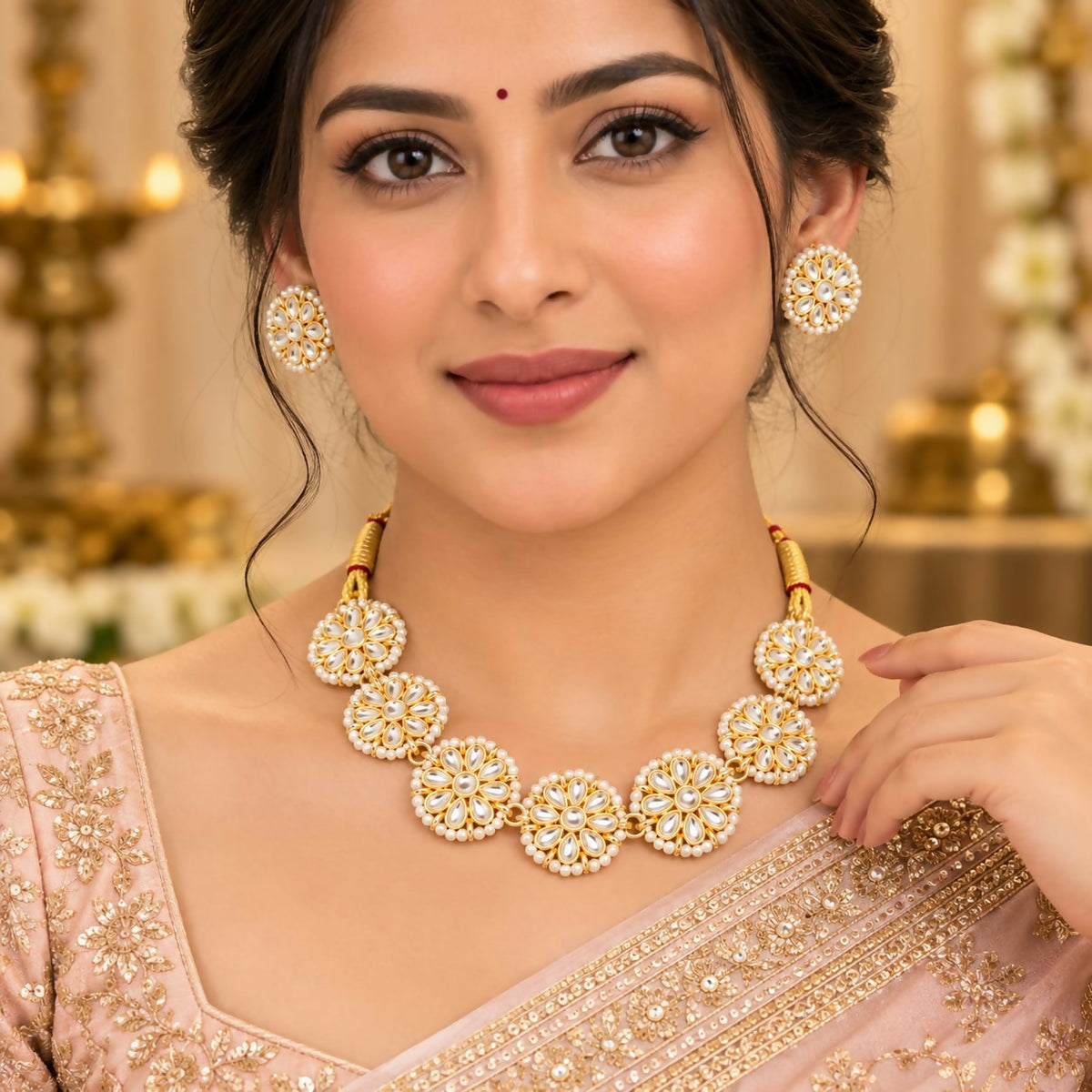 Woman wearing a golden kundan and pearl necklace with matching stud earrings, smiling gently.