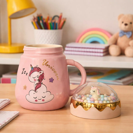 Unicorn Printed Ceramic Mug with Lid, Cute Kids Coffee Cup