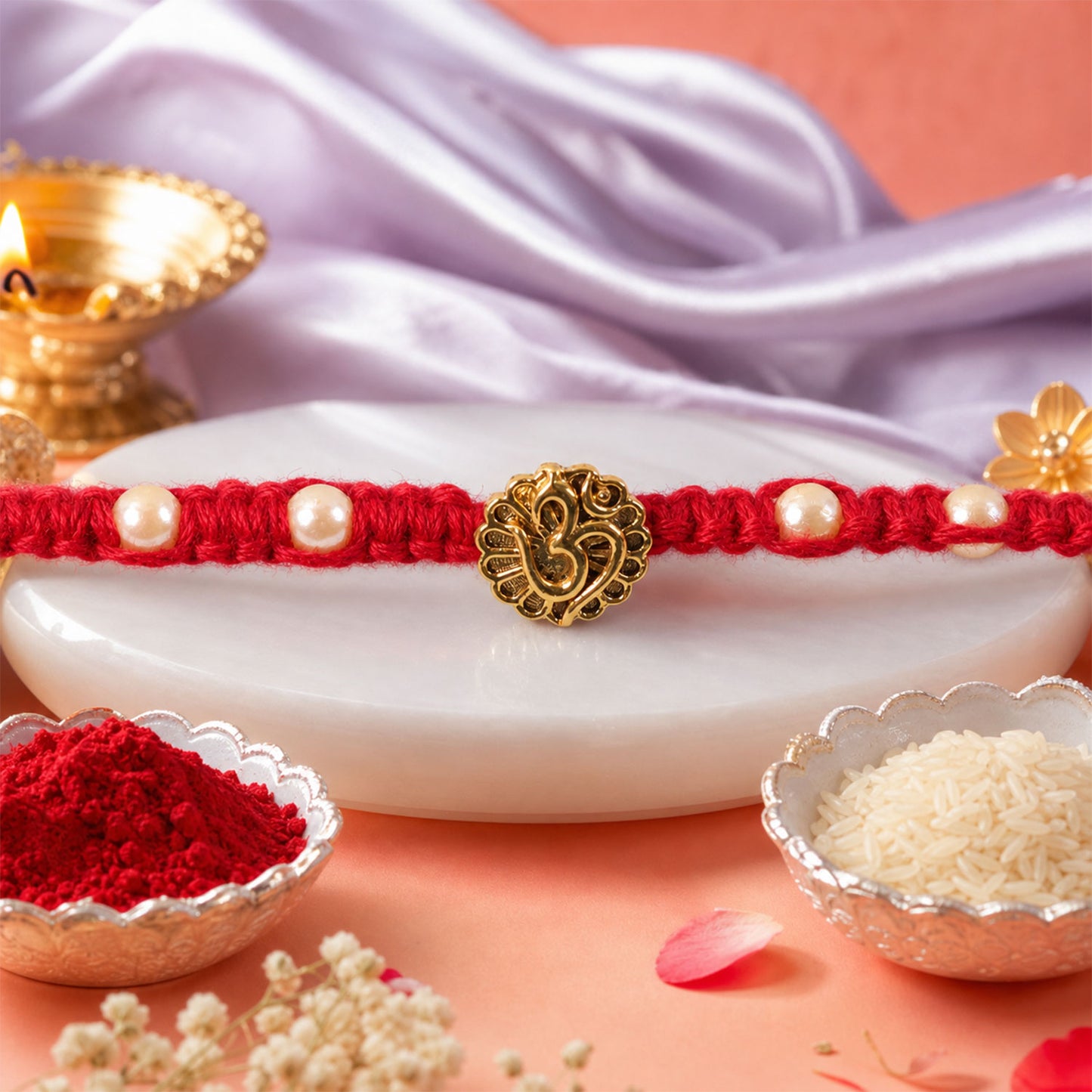 Red Braided Rakhi with Antique Gold Om Pendant and Lustrous Pearls
