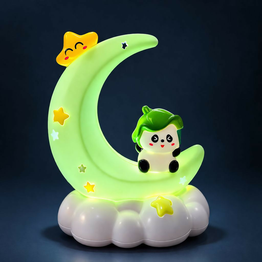 A vibrant green crescent moon night light with a cute character and star, sitting on a cloud base against a dark background.