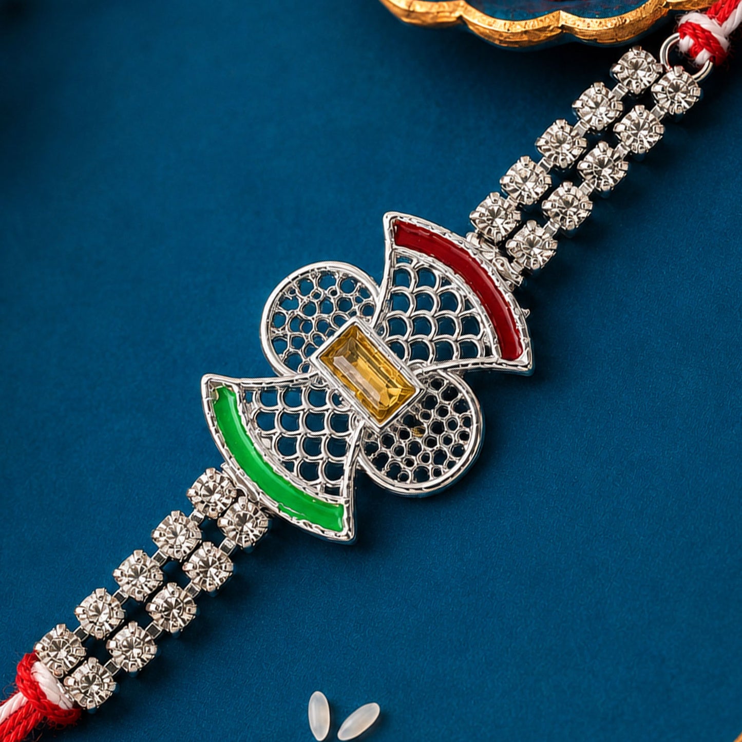 Elegant Rakhi with Butterfly Charm, color stones and wrist style for Festive Display