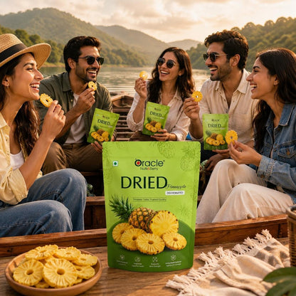 Close-up of dried pineapple slices with sweet and tangy flavor