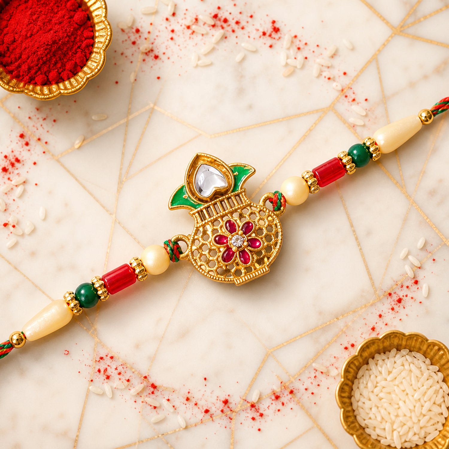 Classic Rakhi featuring Kalash Charm and red stone accents in chain look for Gift Use