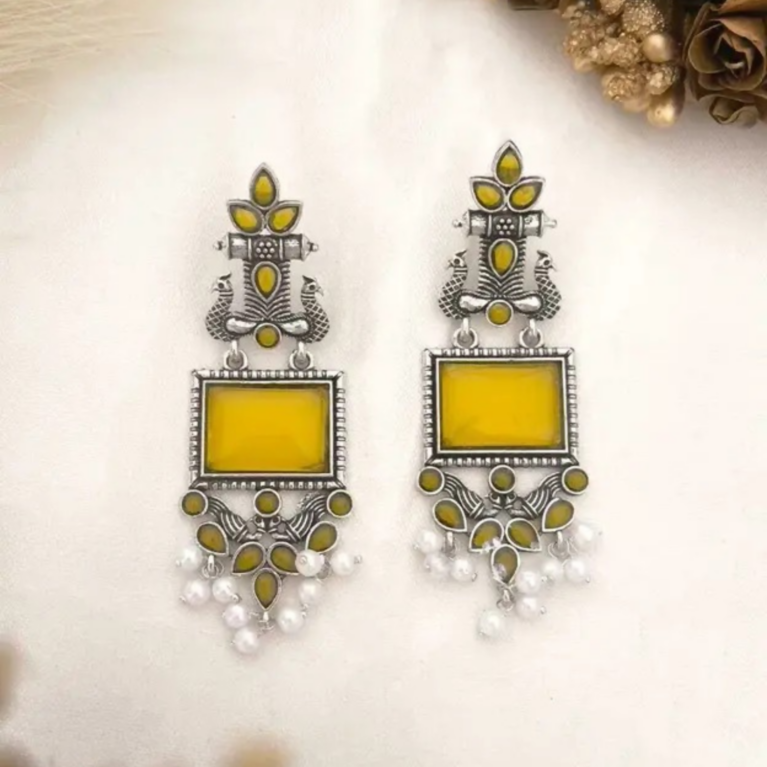 Oxidized silver earrings with yellow stones and pearl drops