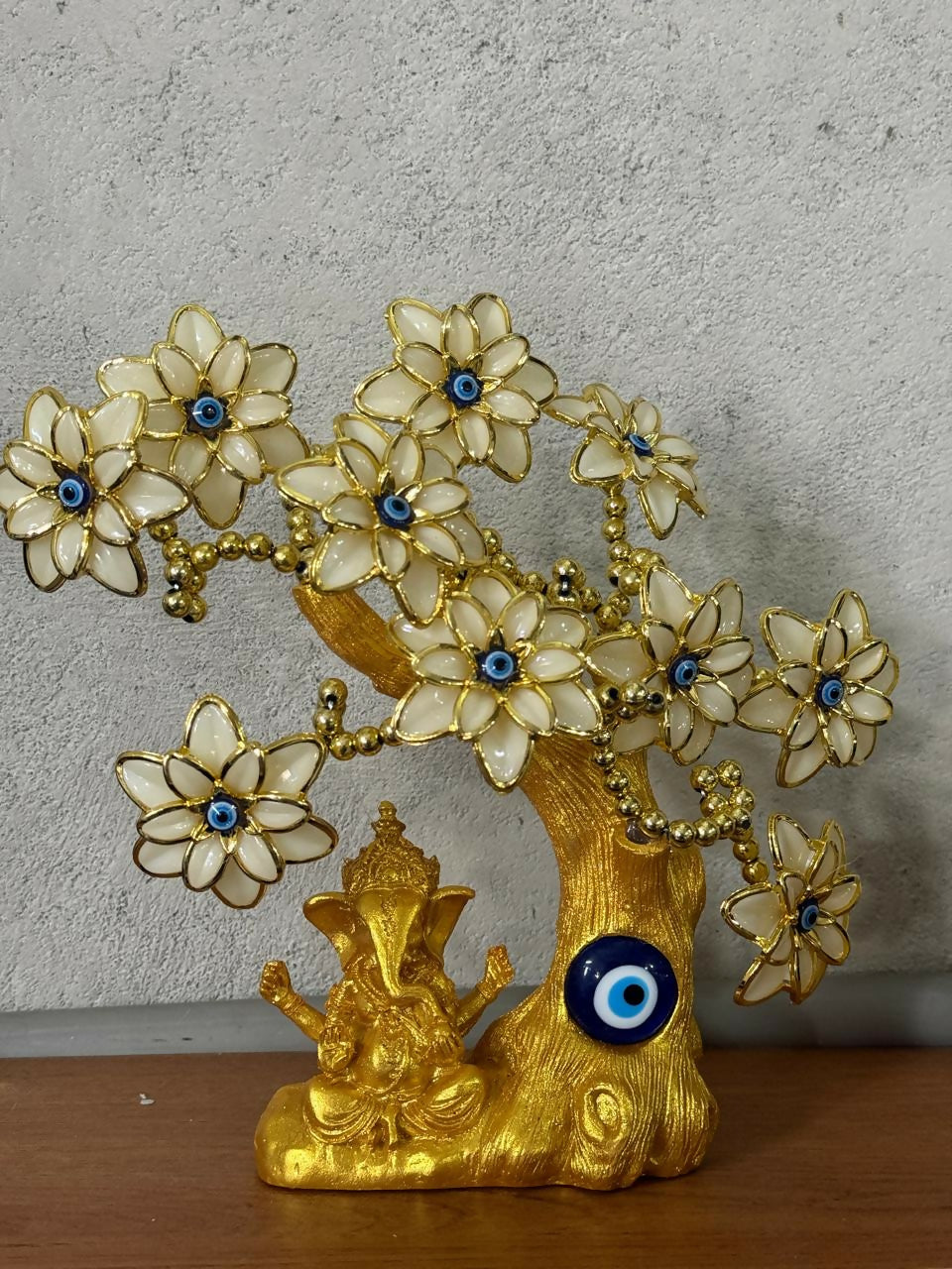Golden Ganesha White Tree Showpiece with Evil Eye for Home Decor & Gift