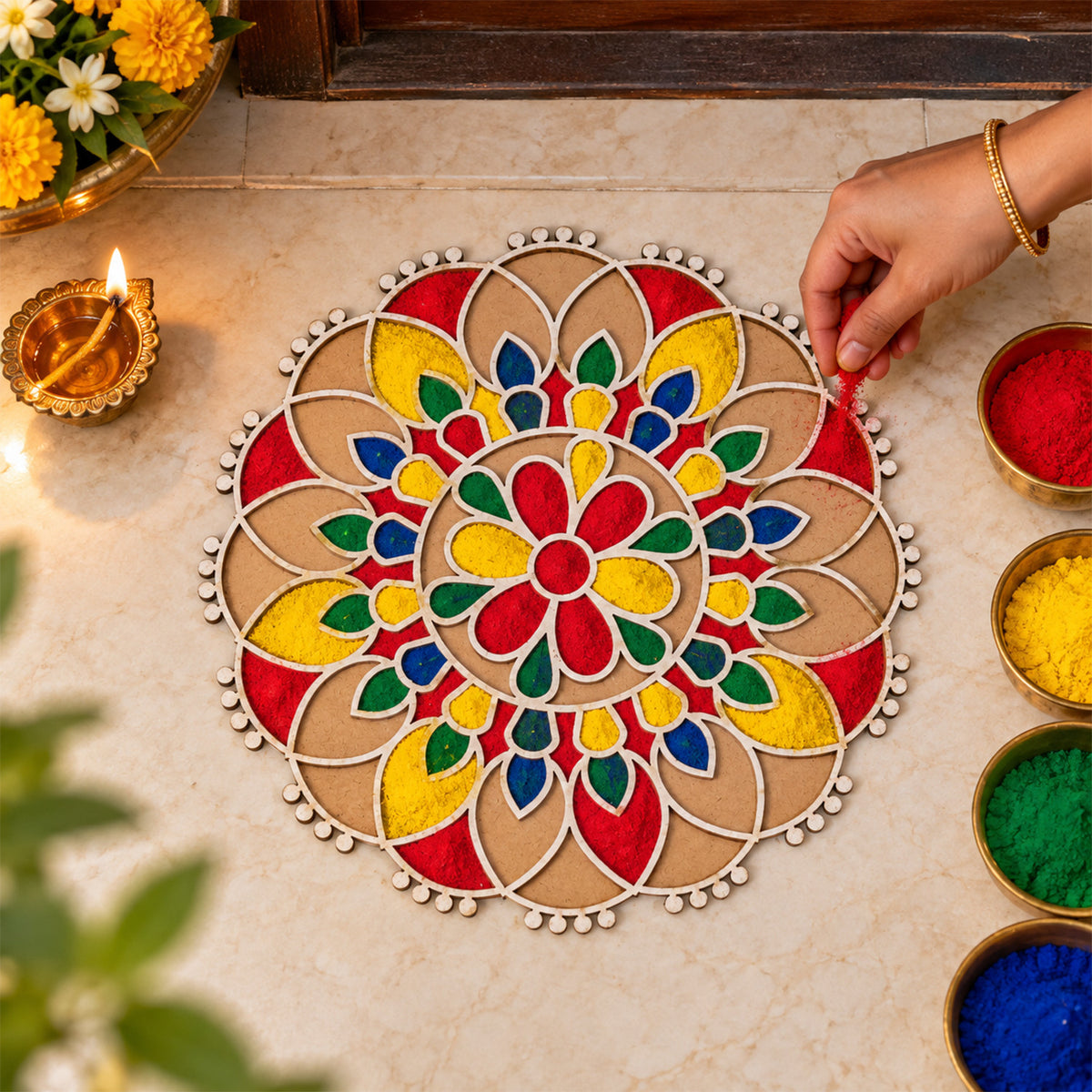 Round Floral Rangoli Stencil Board for Door Entrance and Festive Decoration