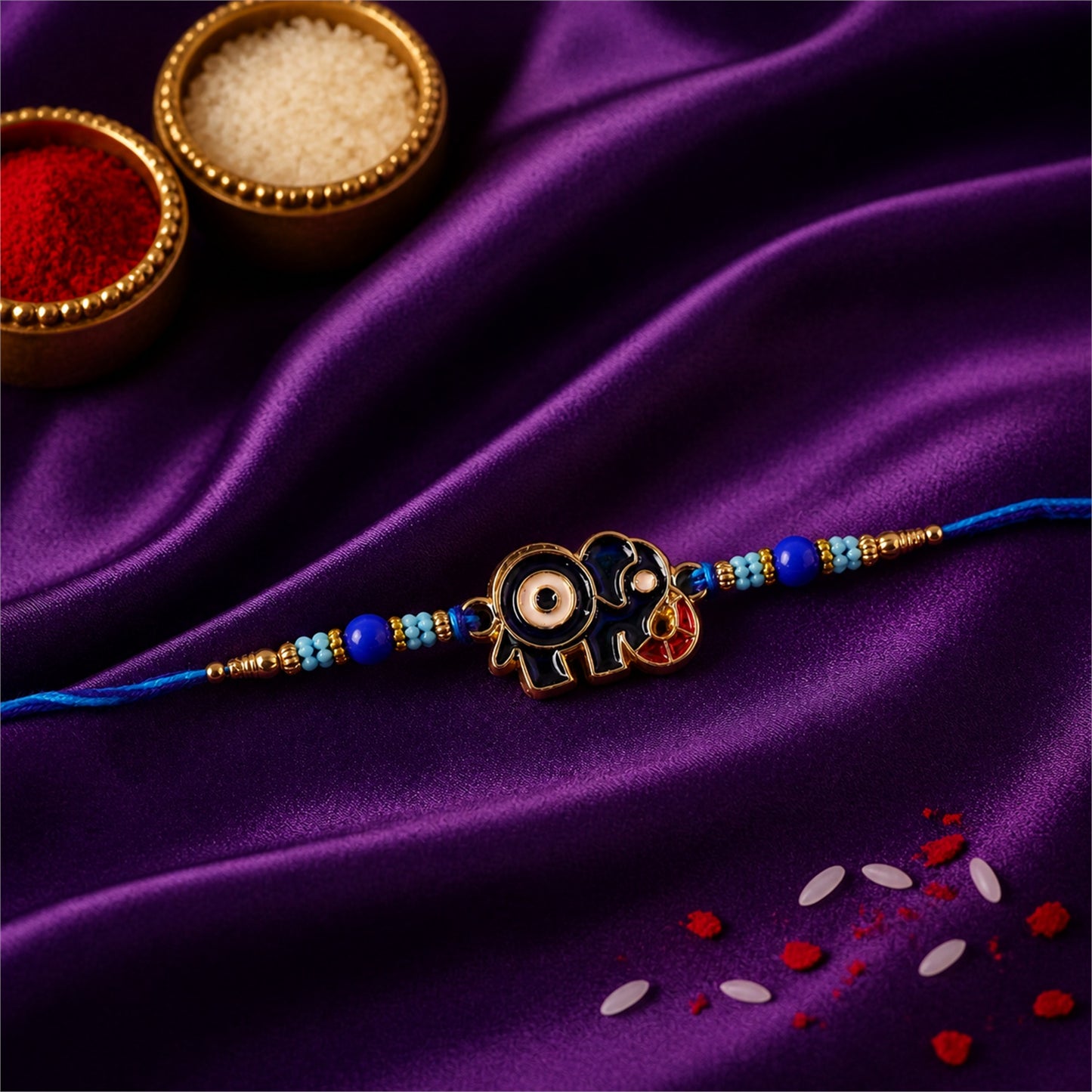 Elephant Motif Nazar Evil Eye Enamel Blue Bead Rakhi