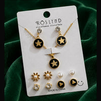 Roslynd Black & Gold Star Pendant Necklace with Drop Earrings & 4-Pair Studs Combo Set
