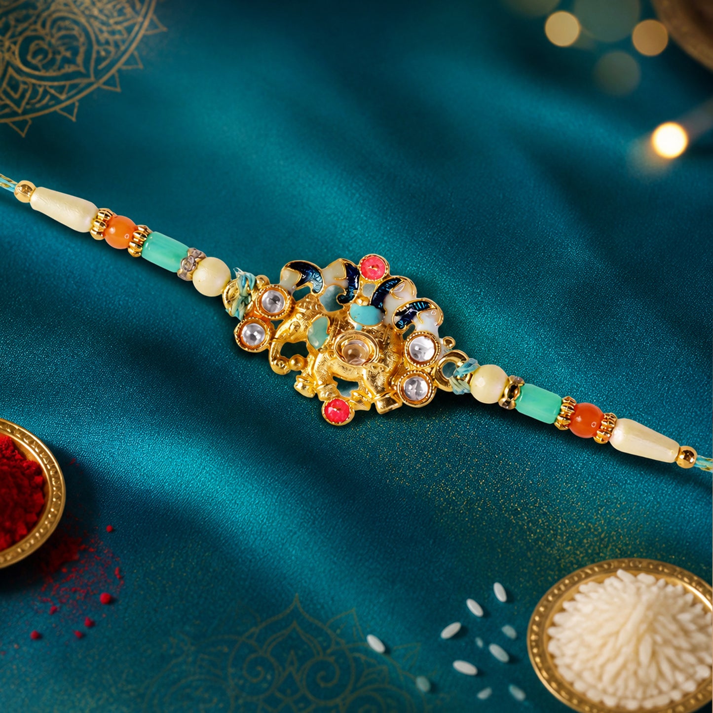 Festive Rakhi featuring Ornate Floral Charm and bead line in gift style for Gift Use