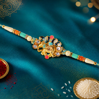 Festive Rakhi featuring Ornate Floral Charm and bead line in gift style for Gift Use