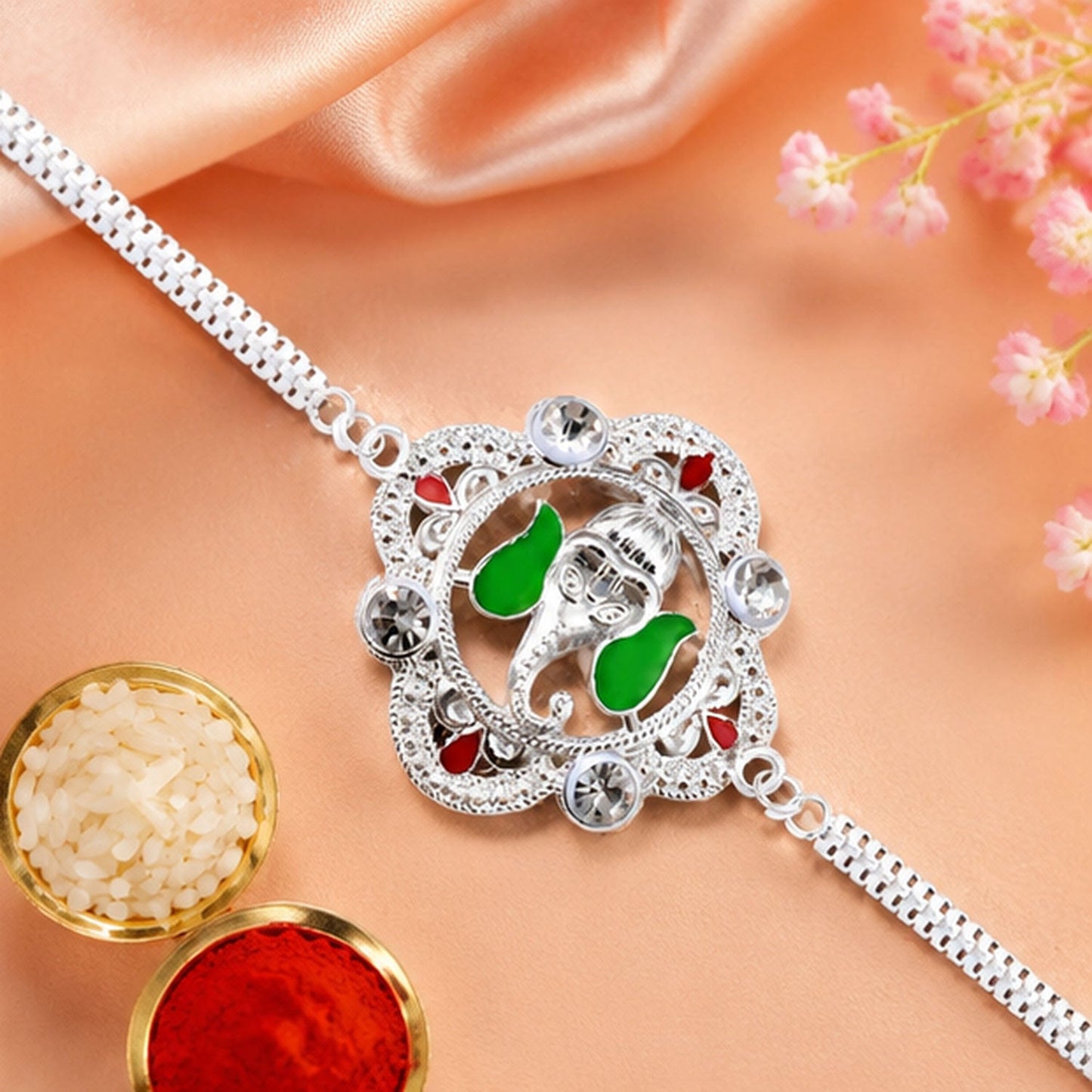 Ganesh Motif Rakhi Elegant Silver Chain Green Enamel (5pcs)