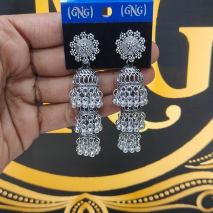Premium Oxidised Silver Long Layered Jhumka Earrings