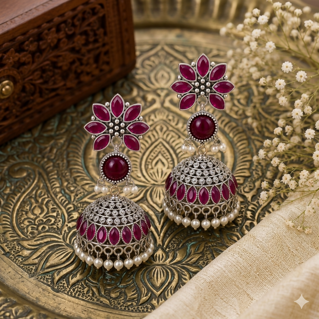 Oxidized silver Jhumkha earrings with lilac stones and lavender beads on white background