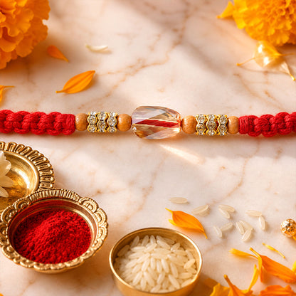Red Thread Rakhi with Wooden Beads and a Sparkling Crystal Accent