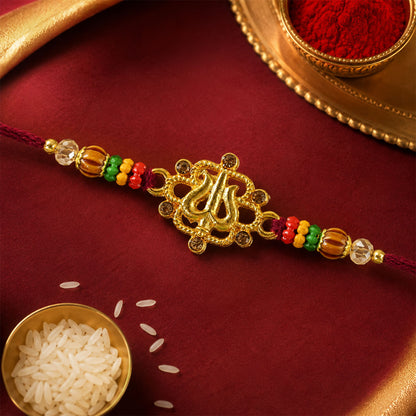 Tilak Trishul Style Devotional Rakhi with Golden Centre and Wooden Beads